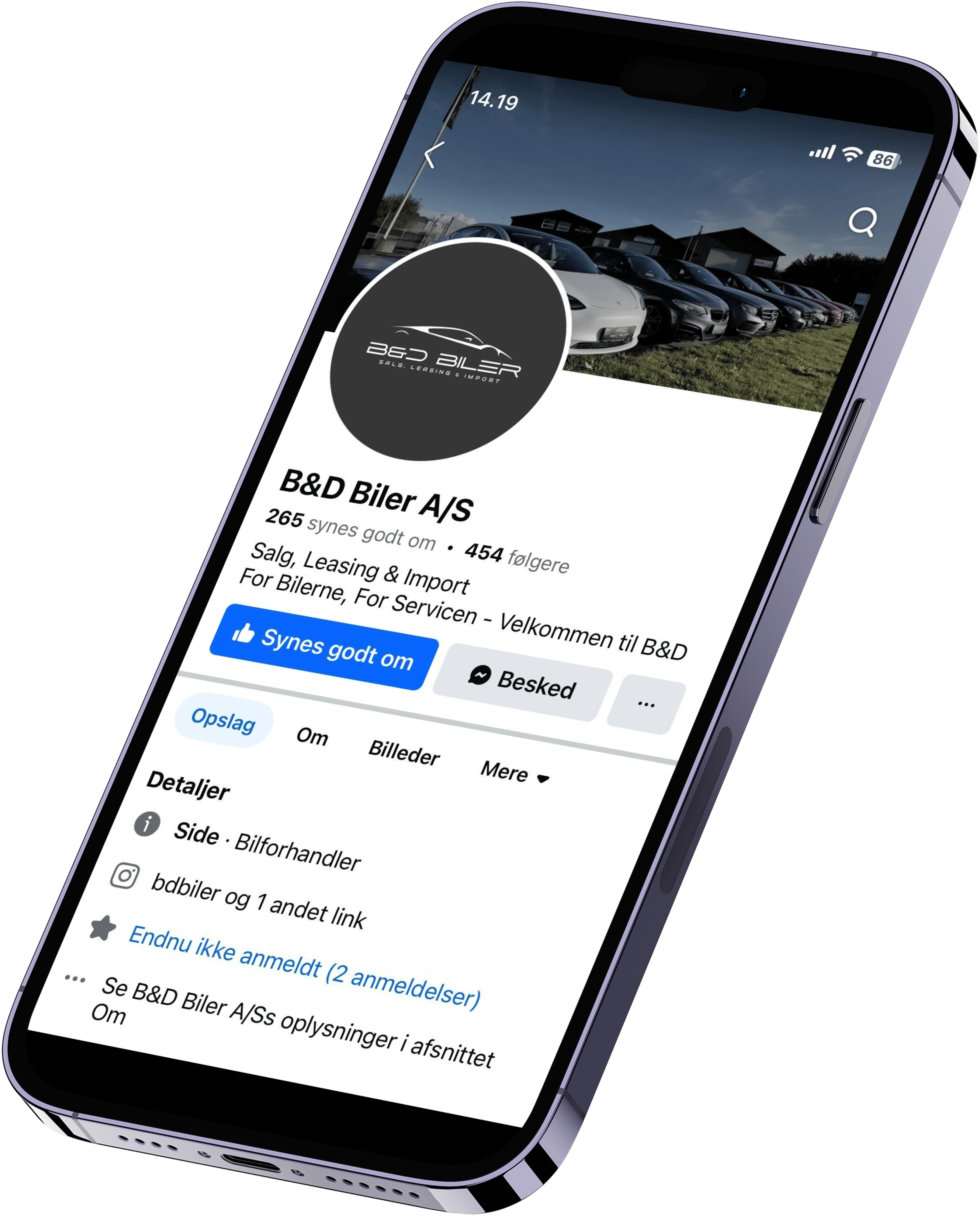 B&D Biler A/S Facebook-side vist på smartphone
